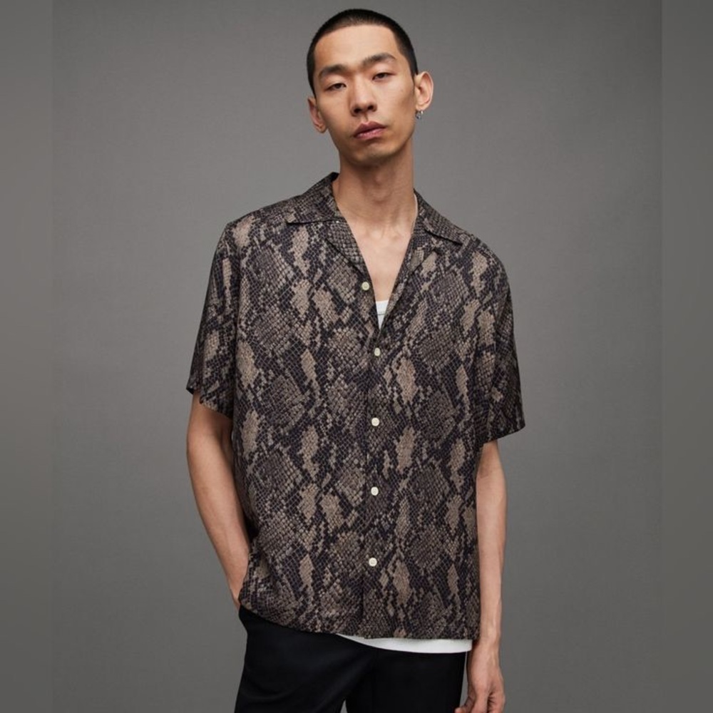 Rare All Saints Men's Black and Brown Rattle Snake Shirt XXL